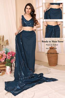 ready made teal georgette sequins embroidered saree 4