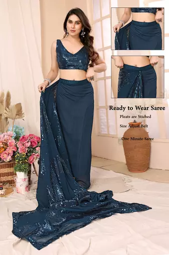 ready to wear teal georgette sequins embroidered saree
