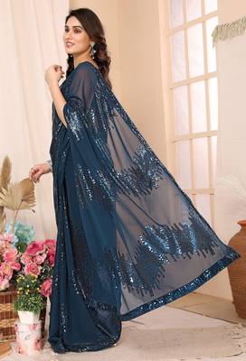 ready made teal georgette sequins embroidered saree 5