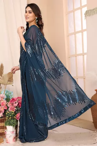 ready to wear teal georgette sequins embroidered saree