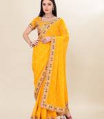 Yellow georgette bandhej printed saree with embroidered work