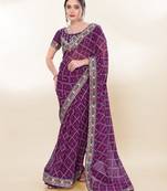 Purple georgette bandhej printed saree with embroidered work