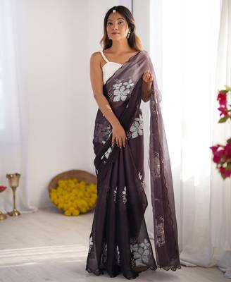 dark brownish purple jimmy choo dual sequin embroidered saree 1