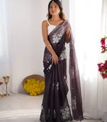 dark brownish purple jimmy choo dual sequin embroidered saree