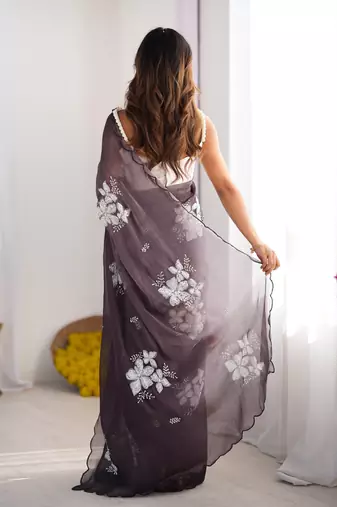 dark brownish purple jimmy choo dual sequin embroidered saree