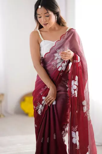 Wine jimmy choo dual sequin embroidered saree