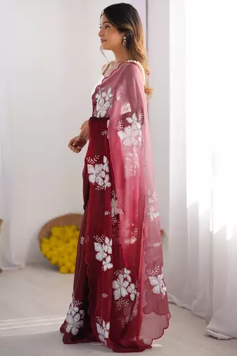 Wine jimmy choo dual sequin embroidered saree
