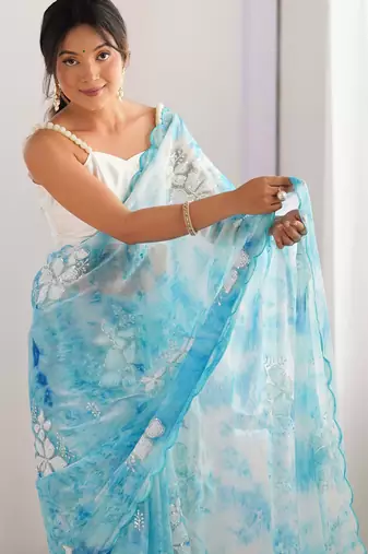 Sky blue jimmy choo sequins embroidered saree