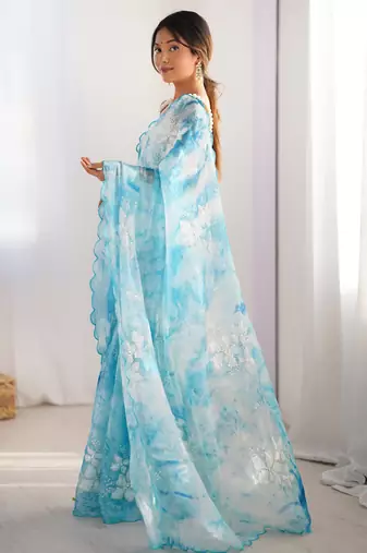Sky blue jimmy choo sequins embroidered saree