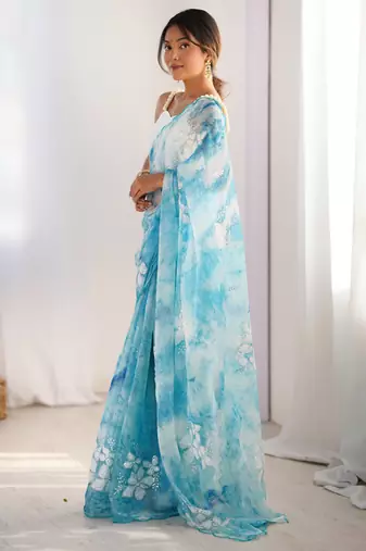 Sky blue jimmy choo sequins embroidered saree