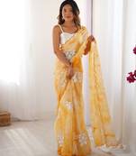 Yellow jimmy choo sequins embroidered saree