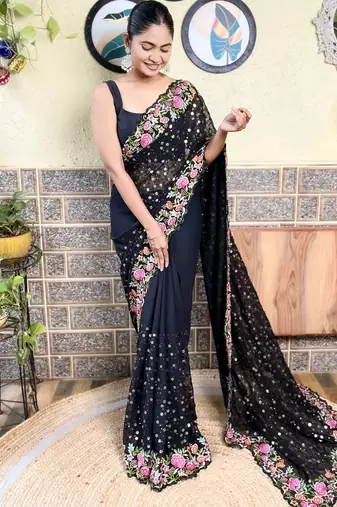 Georgette black saree with embroidered work