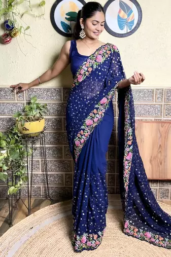 Georgette navy blue saree with embroidered work