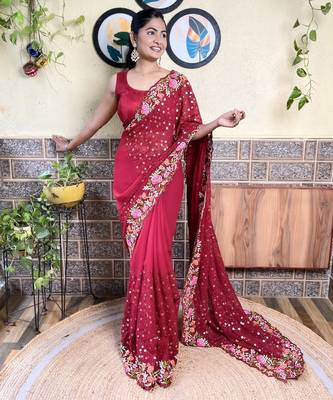 Georgette maroon saree with embroidered work 1
