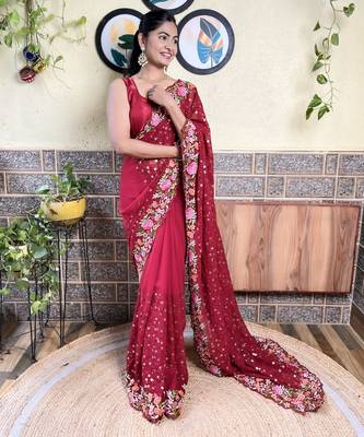 Georgette maroon saree with embroidered work 3