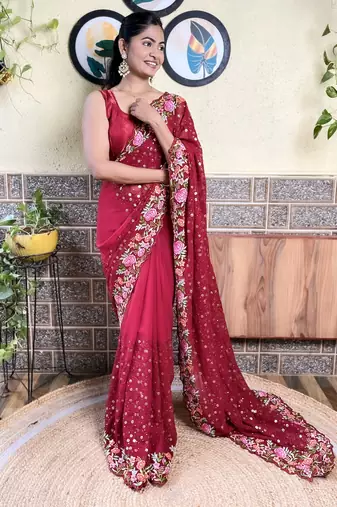 Georgette maroon saree with embroidered work