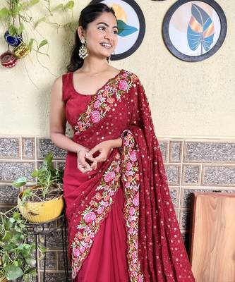 Georgette maroon saree with embroidered work 4