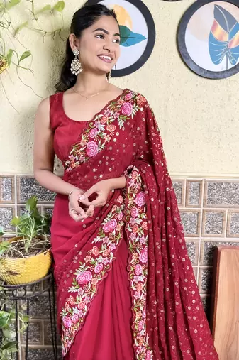Georgette maroon saree with embroidered work