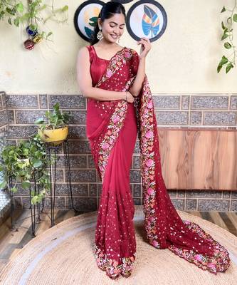 Georgette maroon saree with embroidered work 5