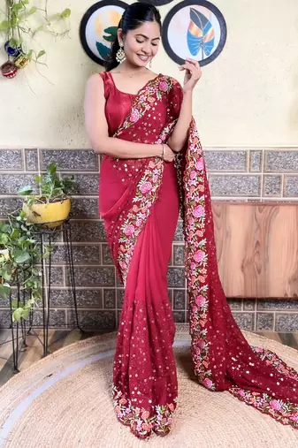 Georgette maroon saree with embroidered work