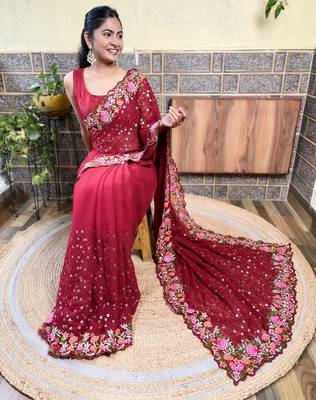 Georgette maroon saree with embroidered work 6