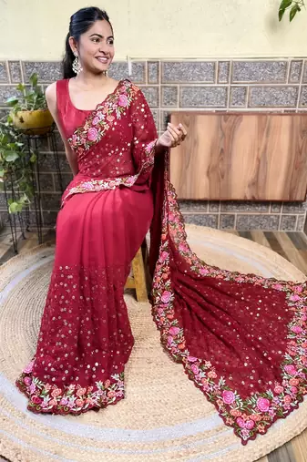 Georgette maroon saree with embroidered work