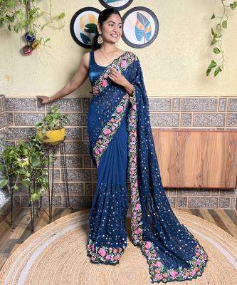 Georgette blue saree with embroidered work 1