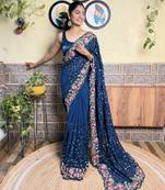Georgette blue saree with embroidered work
