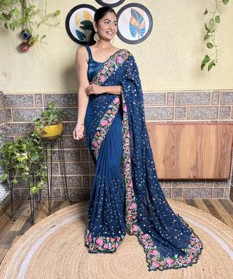 Georgette blue saree with embroidered work 3