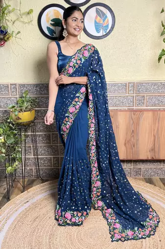 Georgette blue saree with embroidered work