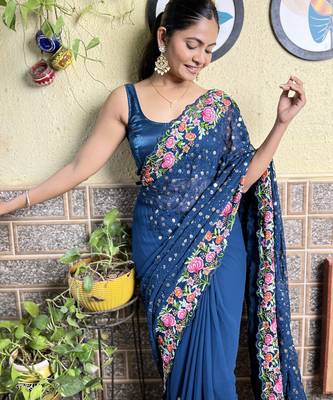 Georgette blue saree with embroidered work 4
