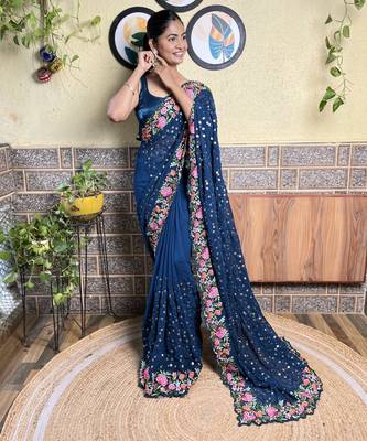 Georgette blue saree with embroidered work 5