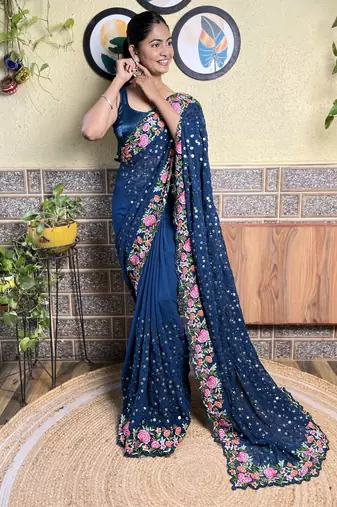 Georgette blue saree with embroidered work