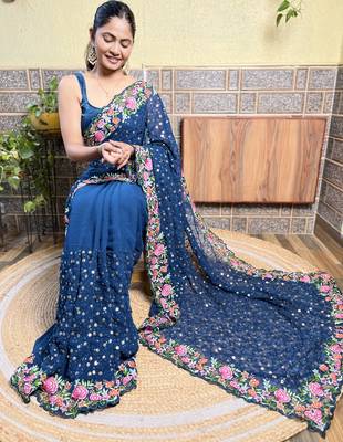 Georgette blue saree with embroidered work 6