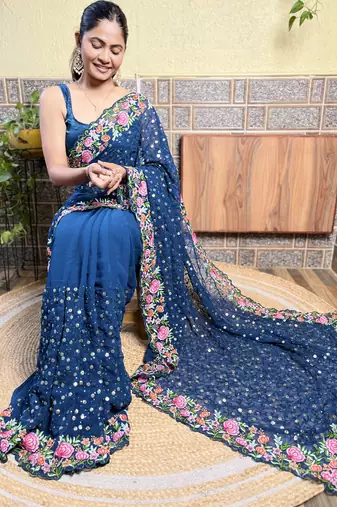 Georgette blue saree with embroidered work