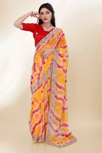 Yellow georgette bandhej printed saree