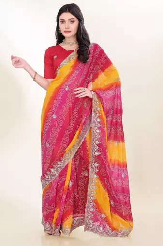 Pink georgette bandhej printed saree