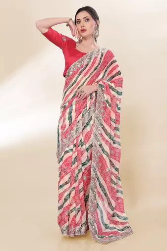 Off white georgette bandhej printed saree