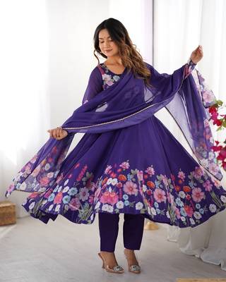Purple soft organza silk with floral print fully flared anarkali pant with dupatta set 1