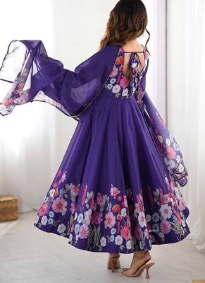 Purple soft organza silk with floral print fully flared anarkali pant with dupatta set 2
