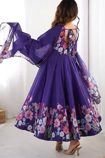 Purple soft organza silk with floral print fully flared anarkali pant with dupatta set