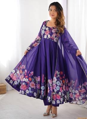 Purple soft organza silk with floral print fully flared anarkali pant with dupatta set 3