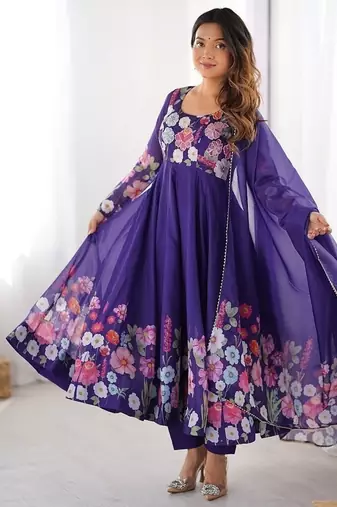 Purple soft organza silk with floral print fully flared anarkali pant with dupatta set