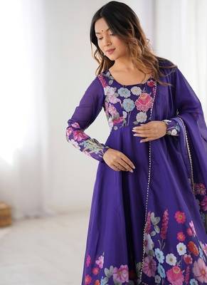 Purple soft organza silk with floral print fully flared anarkali pant with dupatta set 4