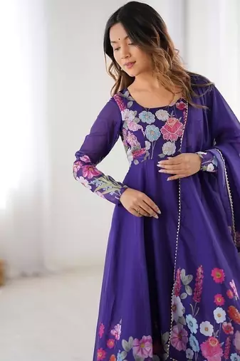 Purple soft organza silk with floral print fully flared anarkali pant with dupatta set