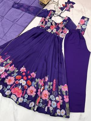 Purple soft organza silk with floral print fully flared anarkali pant with dupatta set 5