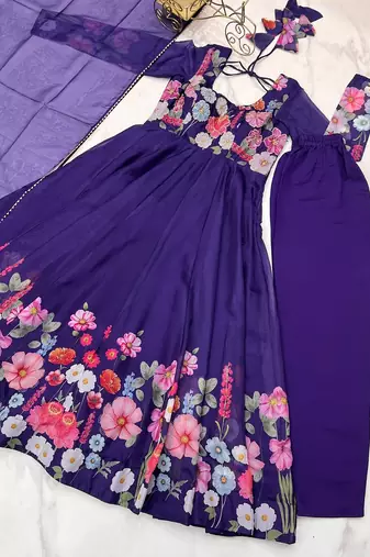 Purple soft organza silk with floral print fully flared anarkali pant with dupatta set