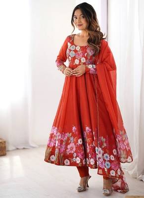 Rust soft organza silk with floral print fully flared anarkali pant with dupatta set 1