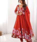 Rust soft organza silk with floral print fully flared anarkali pant with dupatta set