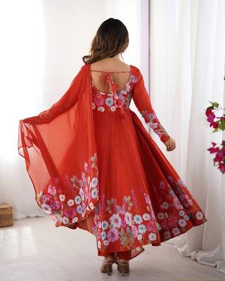 Rust soft organza silk with floral print fully flared anarkali pant with dupatta set 2